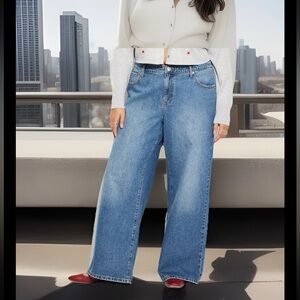 Women's Denim Dark Wash Low-Rise Wide Leg 5-Pockets Baggy Rigid Jeans - 17/31